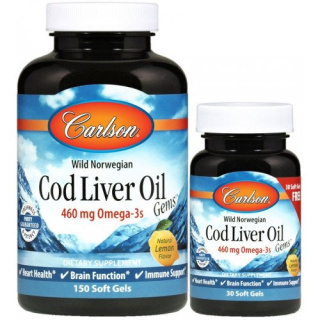 Carlson Labs - Wild Norwegian Cod Liver Oil Gems, 460 mg - 150 + 30 kapsułek