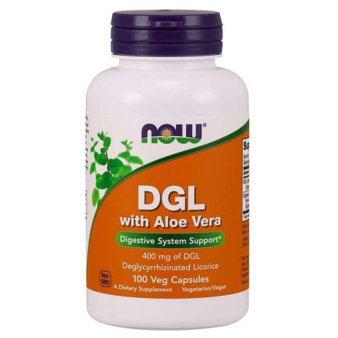 NOW FOODS DGL z Aloesem - Korzeń Lukrecji 400 mg + Aloes 100 kapsułek